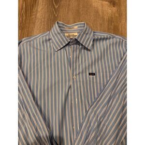 Facconable Mens Blue White Pinstripe Long Sleeve Button Up Dress Shirt L